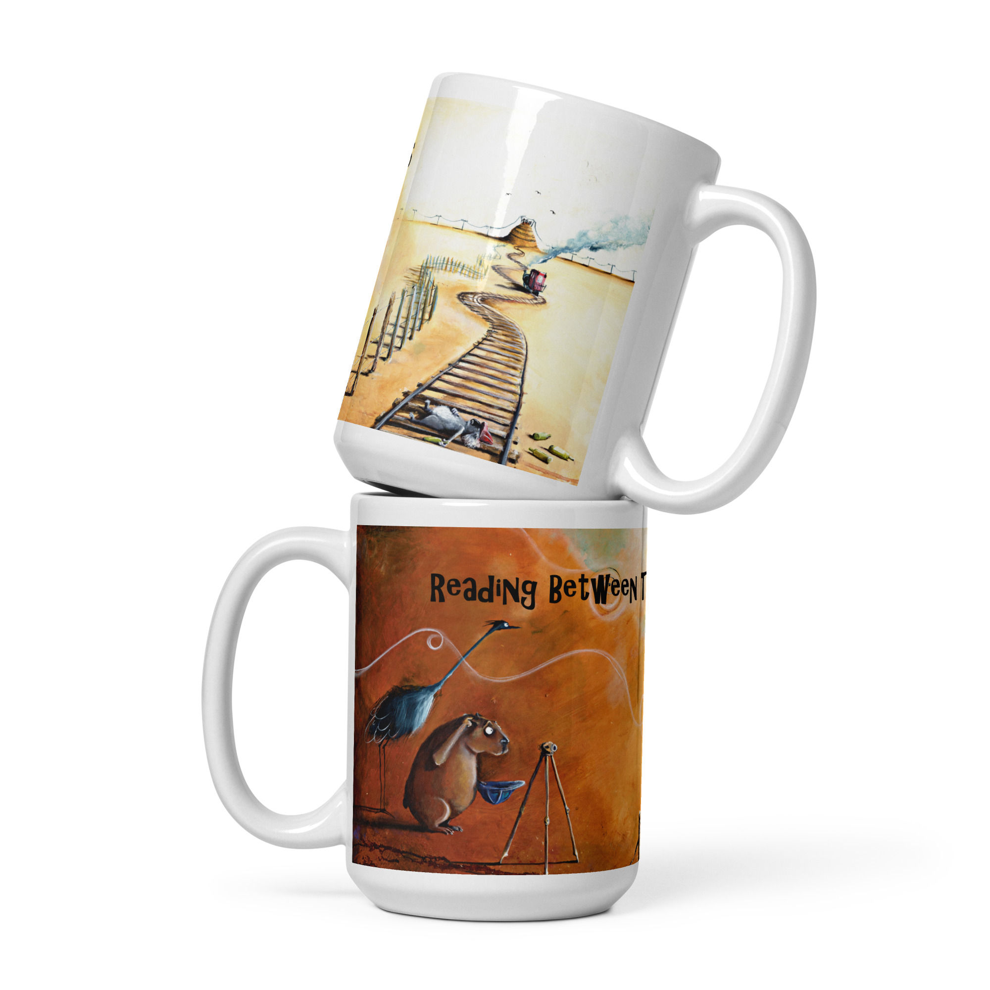 Coffee mugs featuring Australian artwork Reading Between The Lines with koala, emu, wombat and train line in the desert