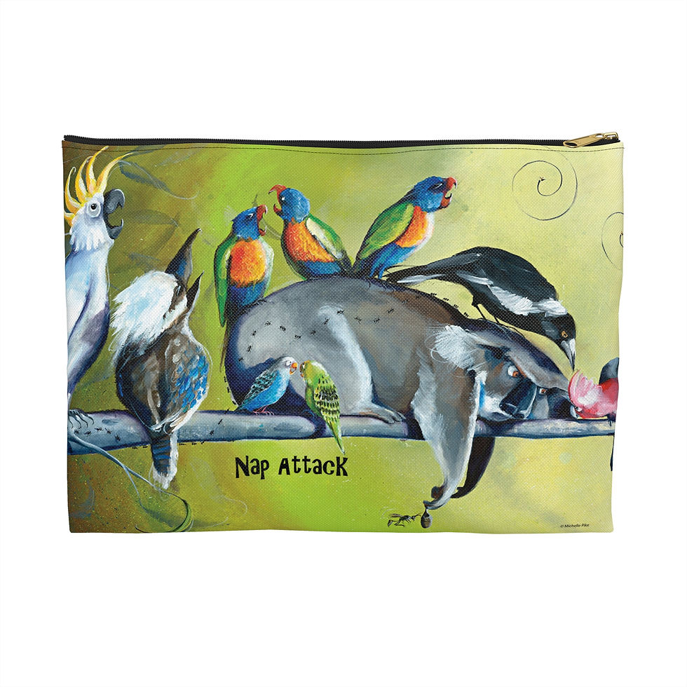 Green pouch with zip and artwork of a grumpy koala lying on a tree branch surrounded by Australian birds and nap attack words