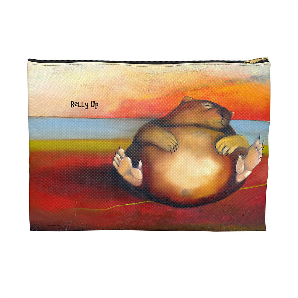 Orange and blue pouch with zip and artwork of a fat wombat asleep on his back and words belly up