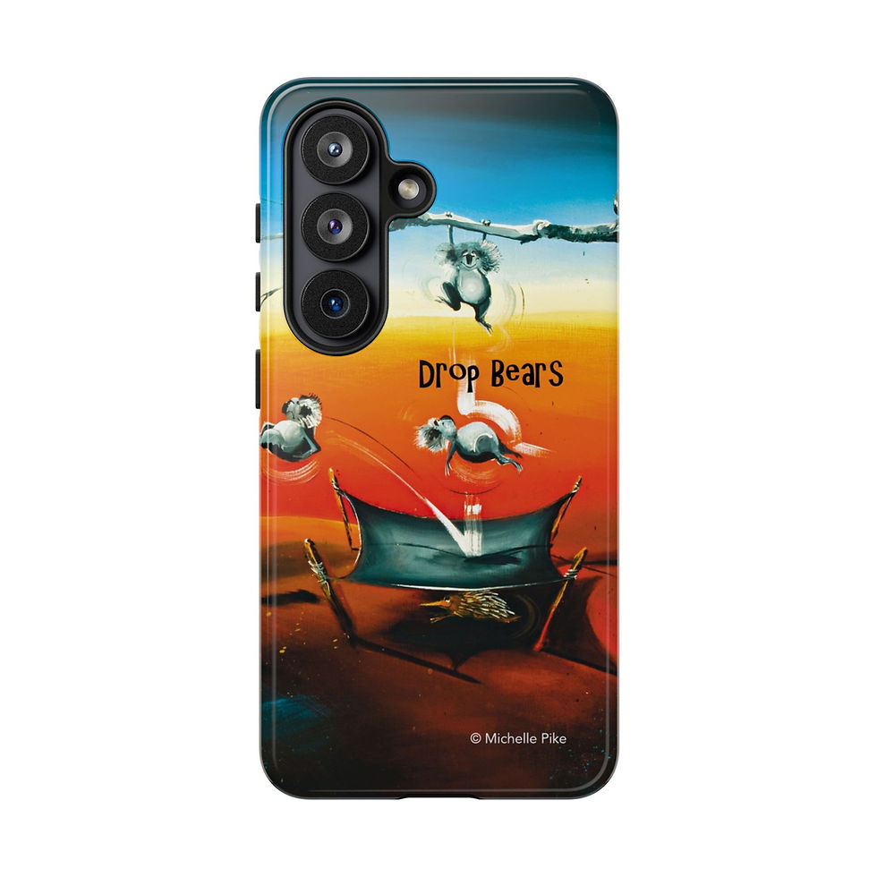 drop bears samsung phone case with koalas jumping out of a tree and on to a trampoline in the desert