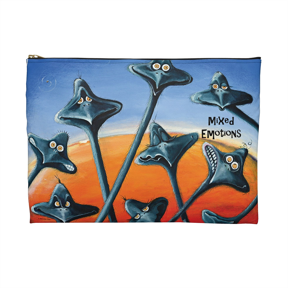 Thumbnail: Blue and orange pouch with zip and artwork of a lot of funny emu heads with different expressions and words mixed emotions