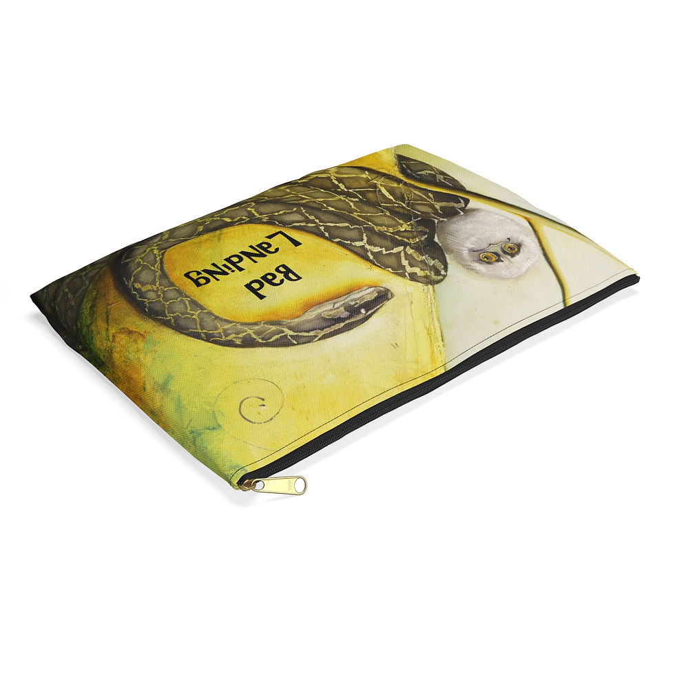 Thumbnail: Yellow pouch with zip and artwork of a python snake looking at a white fluffy bird on a branch and words bad landing