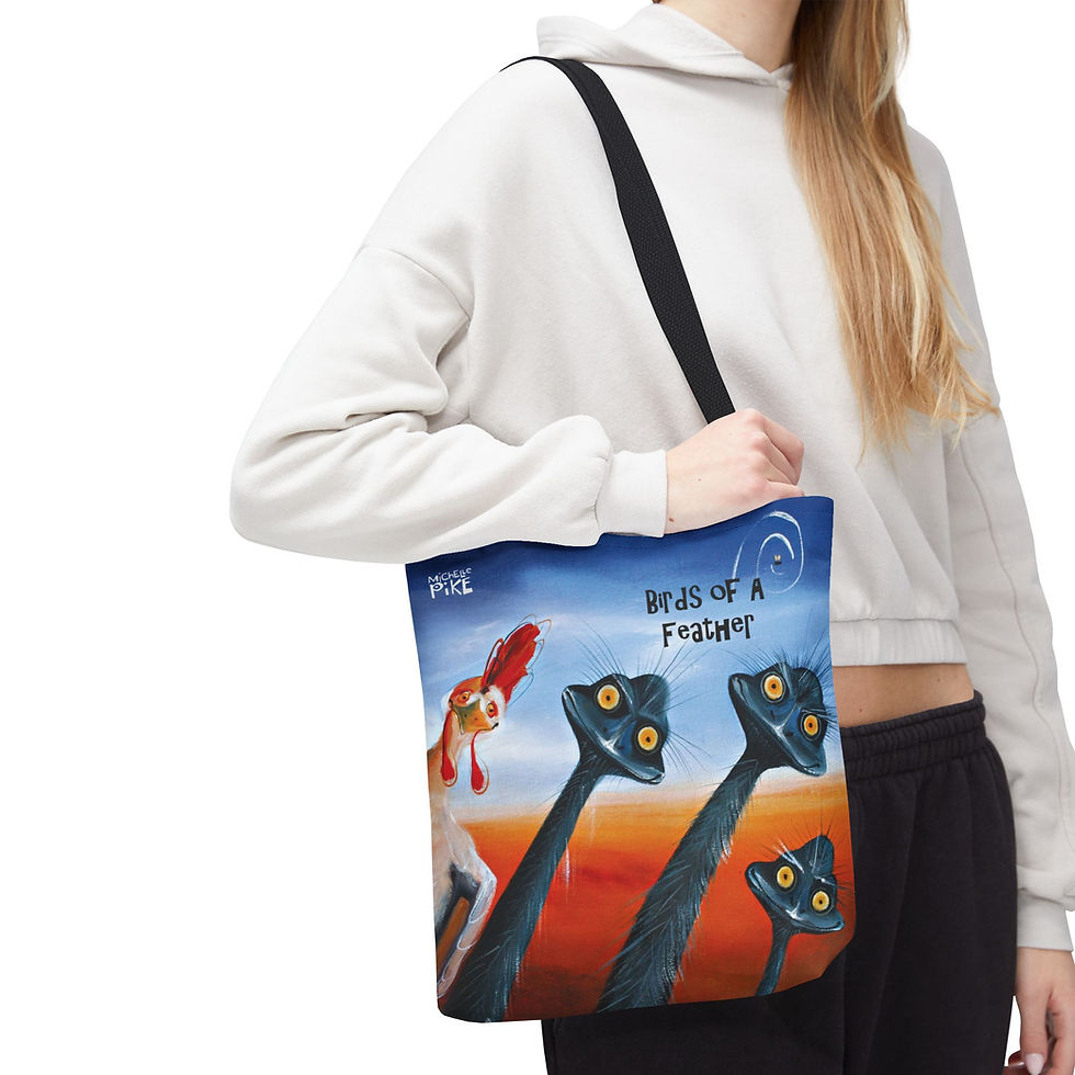 tote bag with artwork of a chicken next to three funny looking emus with the words birds of a feather