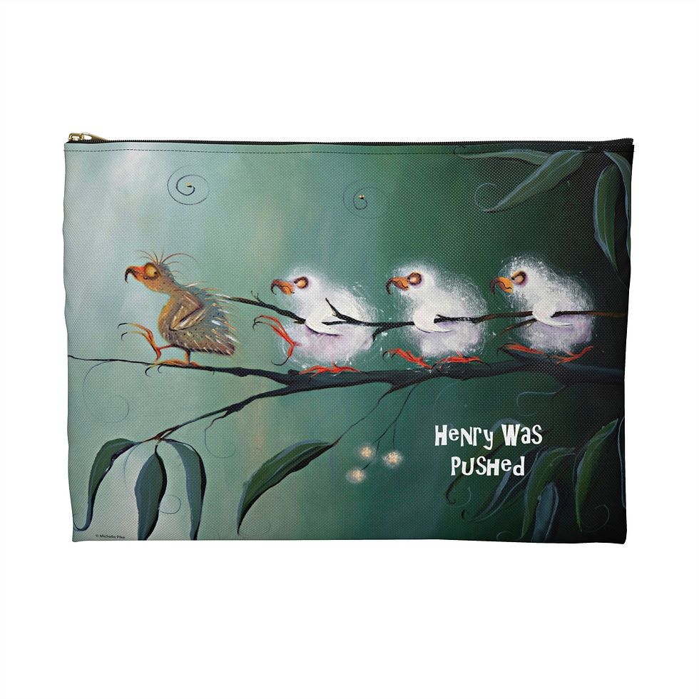 Thumbnail: Green pouch with zip and artwork of three fluffy angry birds pushing a bald bird off a branch with a stick