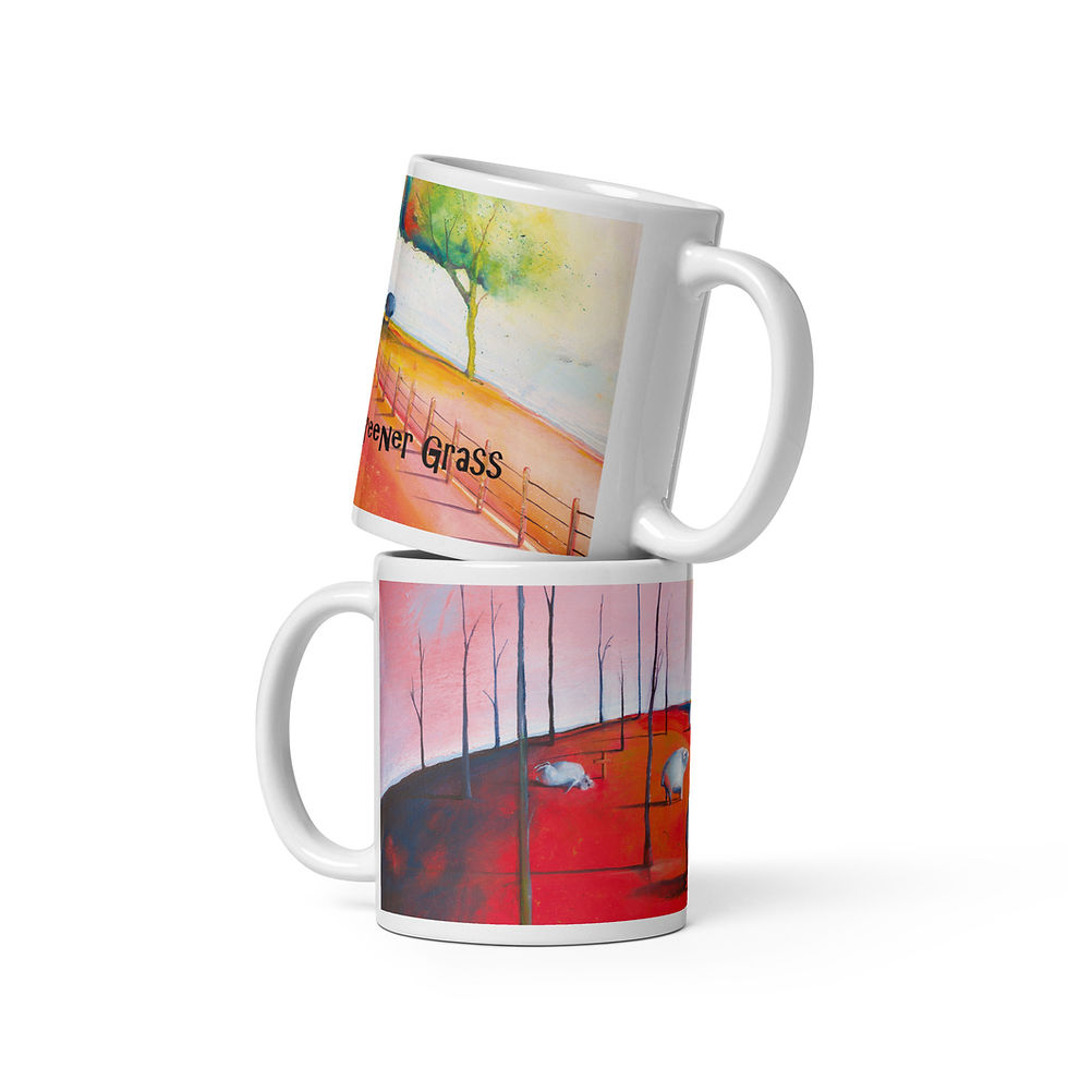 Coffee mugs featuring Australian artwork Greener Grass with a white sheep and a black sheep on a red desert