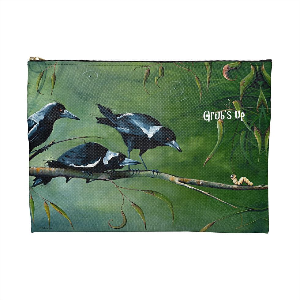 Thumbnail: Green pouch with zip and artwork of three magpies looking evilly at a grub on a branch with words grub's up