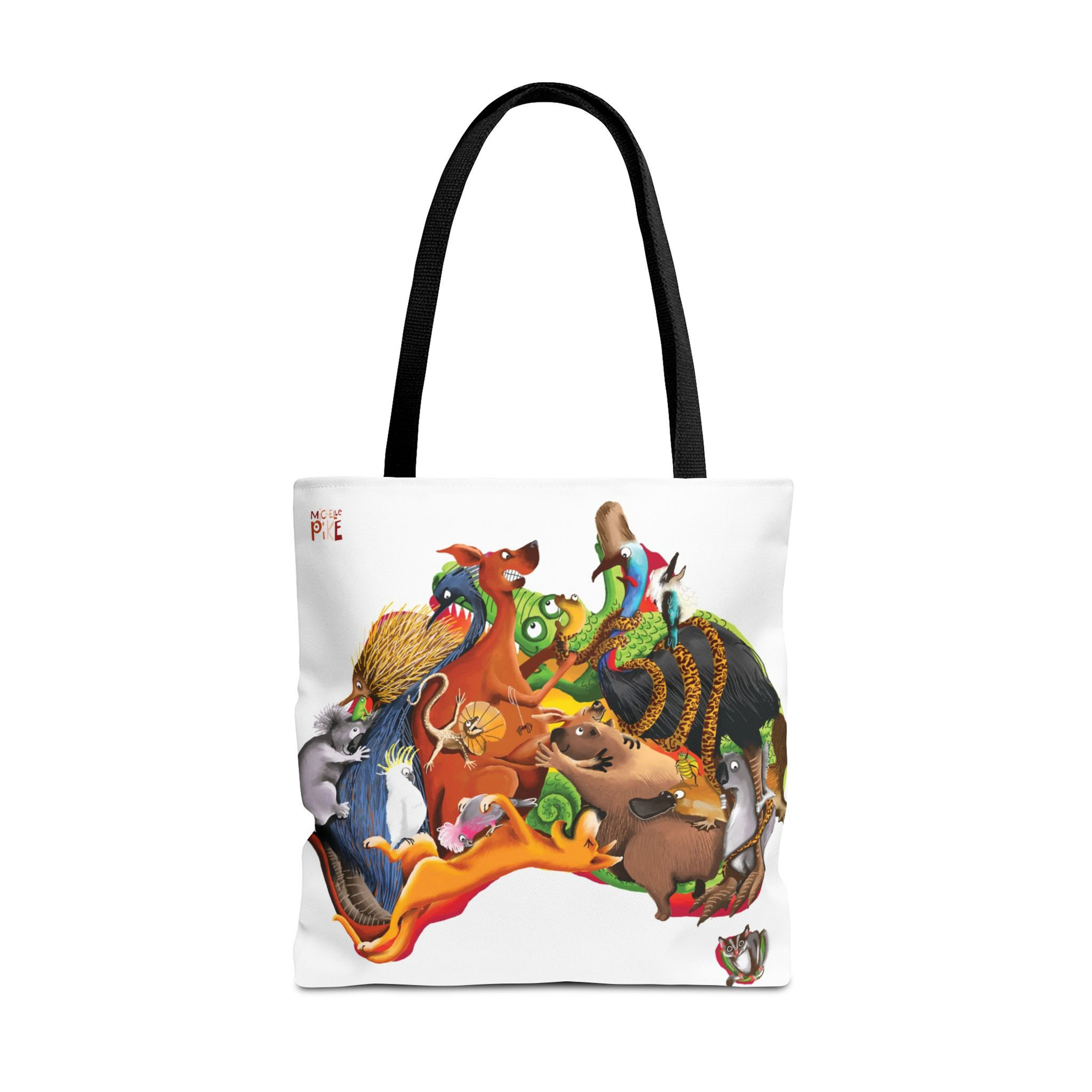 tote bag with artwork of different australian animals making the shape of australia