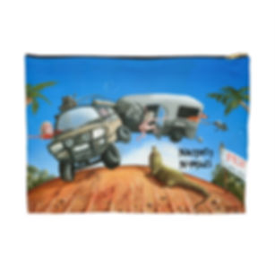 Blue and orange pouch with a zip and artwork of a car pulling a caravan toward a crocodile and a naked lady falling out