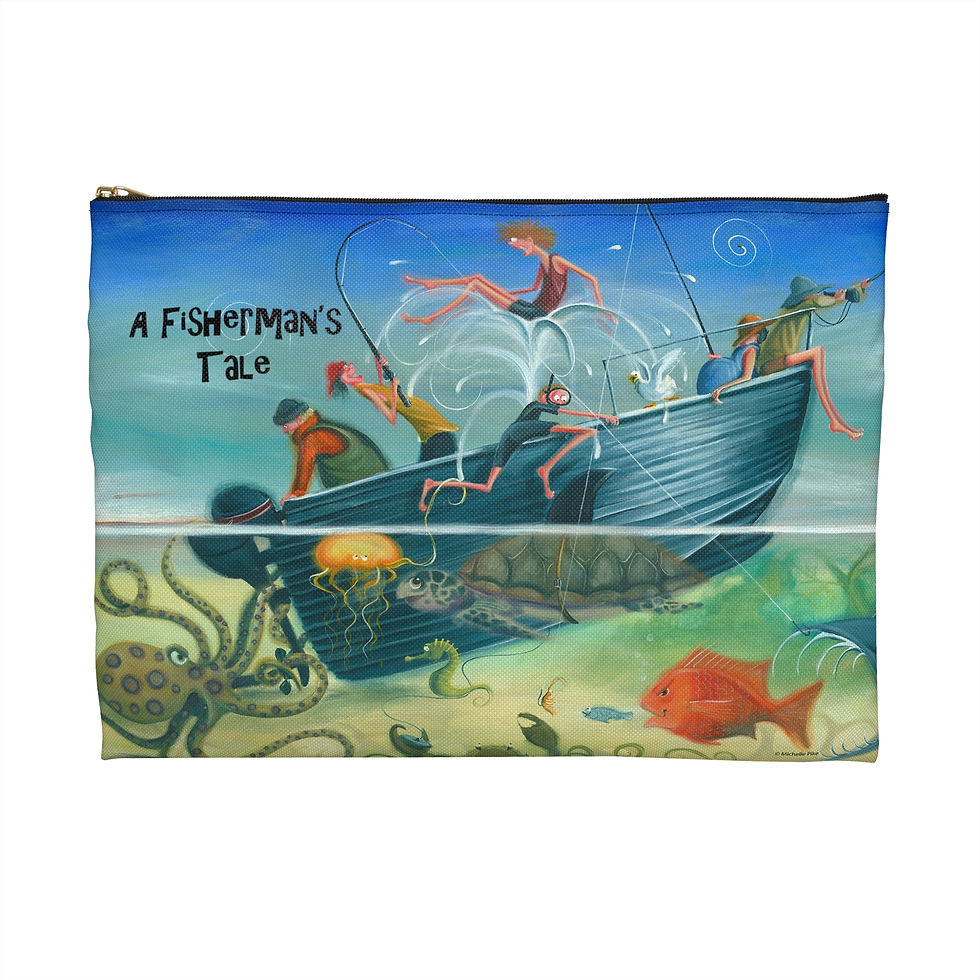 Thumbnail: Blue and green pouch with zip and artwork of a sinking boat in the ocean and people in chaos and words a fisherman's tale