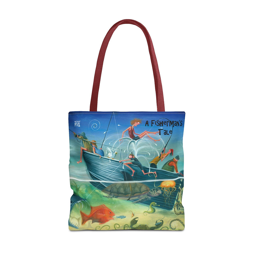 Thumbnail: Tote bag with artwork of a fishing boat capsizing in the ocean with lots of fishermen losing control