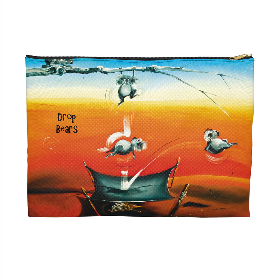 Blue and red pouch with zip and artwork of koalas dropping from a tree onto a trampoline with an echidna under it