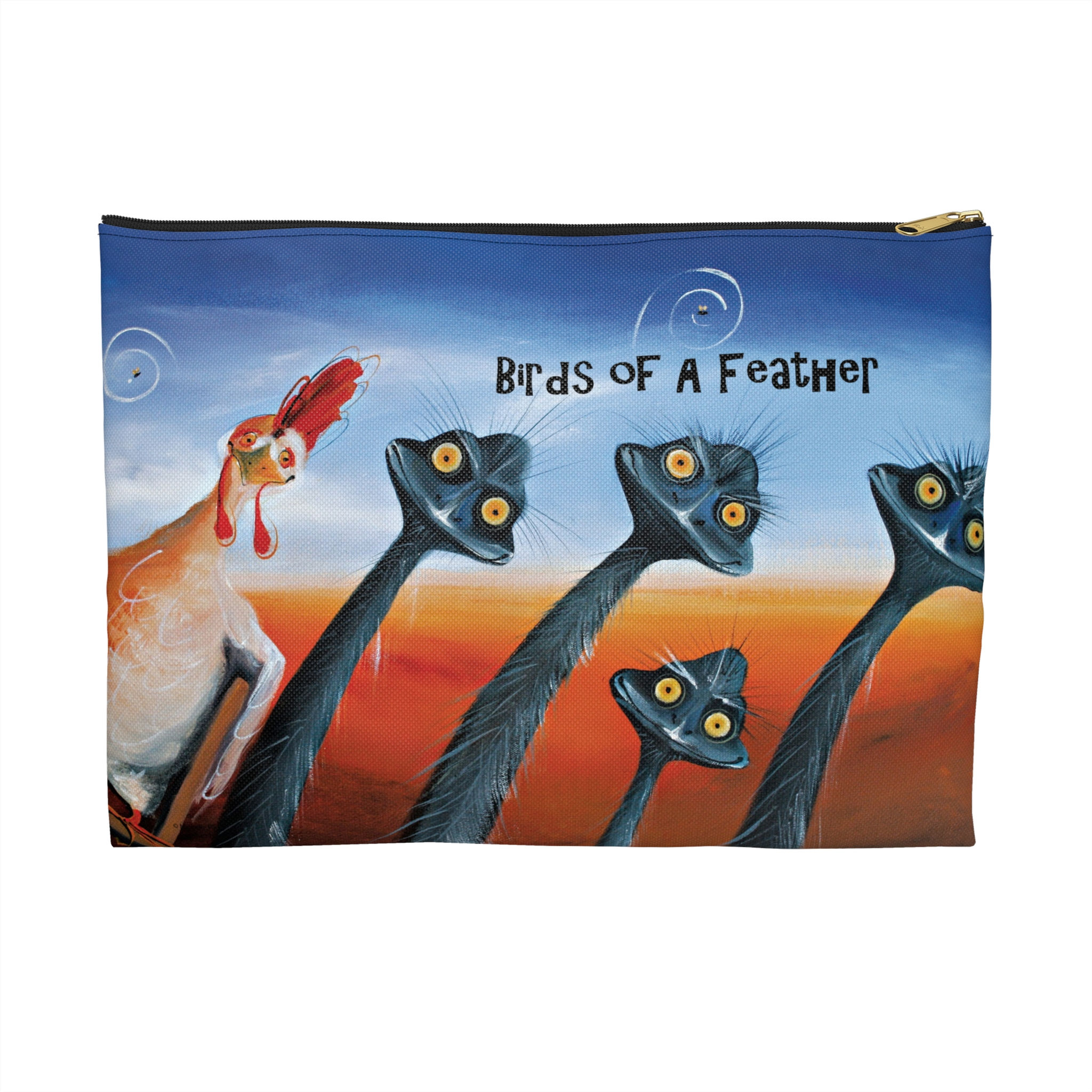 Blue and red pouch with zip and a chicken leaning with four funny emus and words birds of a feather