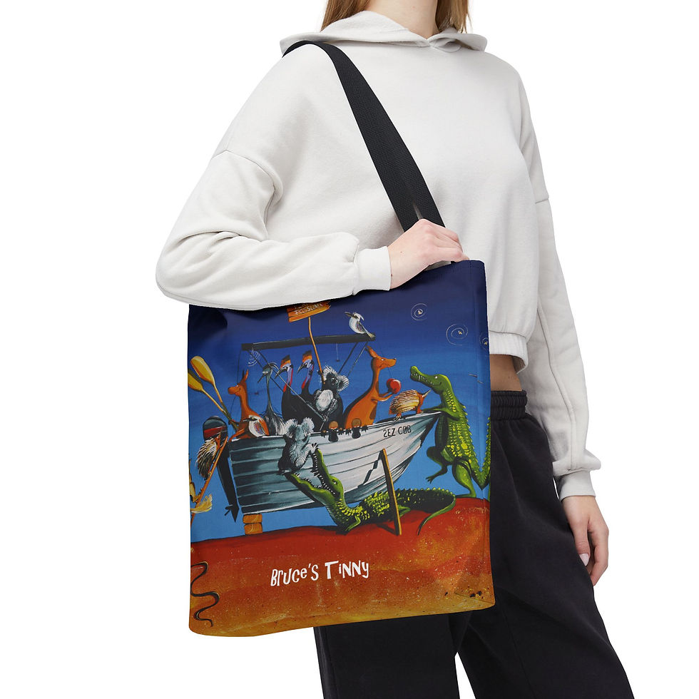 Thumbnail: tote bag with artwork of pairs of australian animals climbing into an aluminium boat in the desert