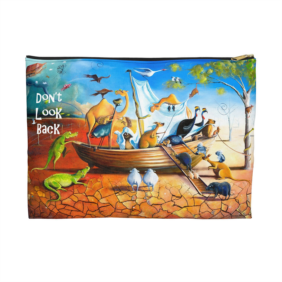 Blue and orange pouch with zip and artwork of a wooden boat in the desert filled with australian animals