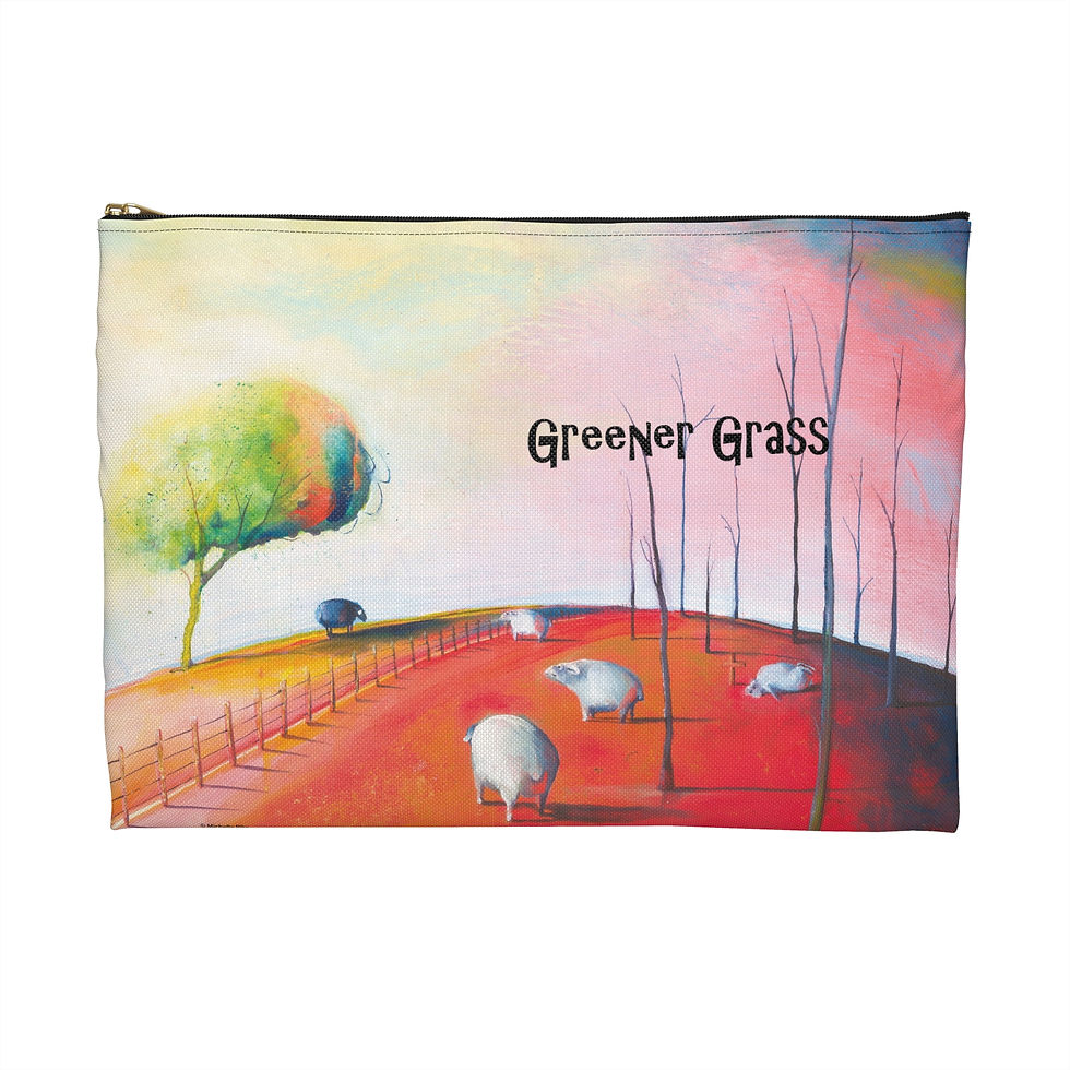 Thumbnail: Orange and white pouch with zip and artwork of a flock of white sheep looking at a black sheep under a tree and greener grass