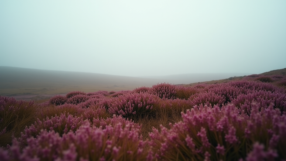 Wide angle view of heather-covered moors