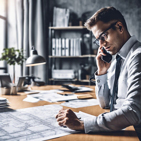 person on the phone, in a office working on a architec plan.jpg