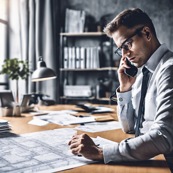 person on the phone, in a office working on a architec plan.jpg