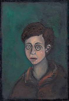 Kez Dearmer small Oil Paintings on wood figurative allegory narrative dark comical humour london artist contemporary painter  art gallery spiral eyes confused drool portrait hypnotist 2021