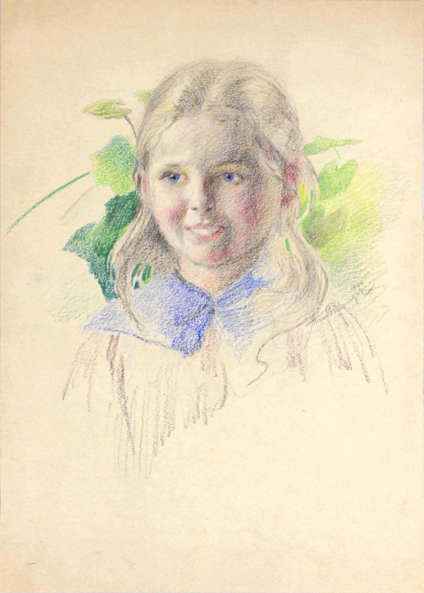 Portrait eines Mädchens mit blauen Augen und blauem Kragen