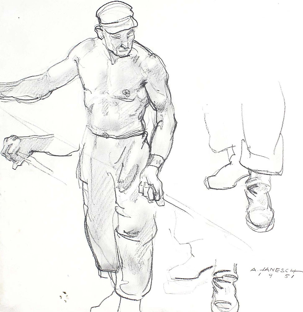 Arbeiter mit nacktem Oberkörper arbeitet mit Stange in der Hand, vermutlich vor Hochofen