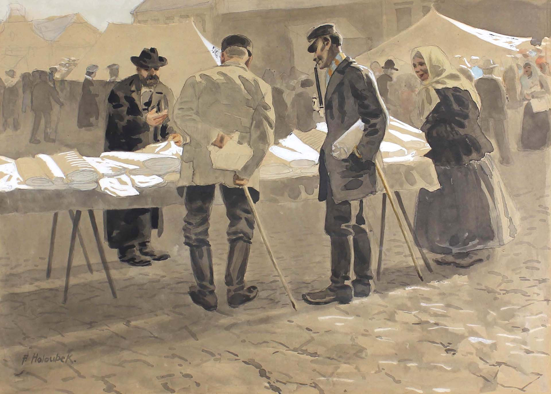 Zwei Männer stehen vor einem Marktstand, an dem ein dritter Mann Wäsche anbietet