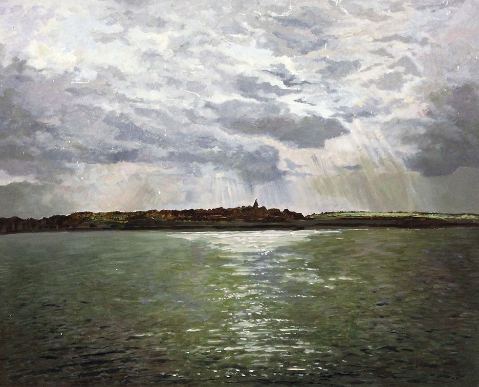 Landschaftsmalerei mit Wasser und Himmel. R. Varady, "Lagunenstadt", Galerie Boeck.