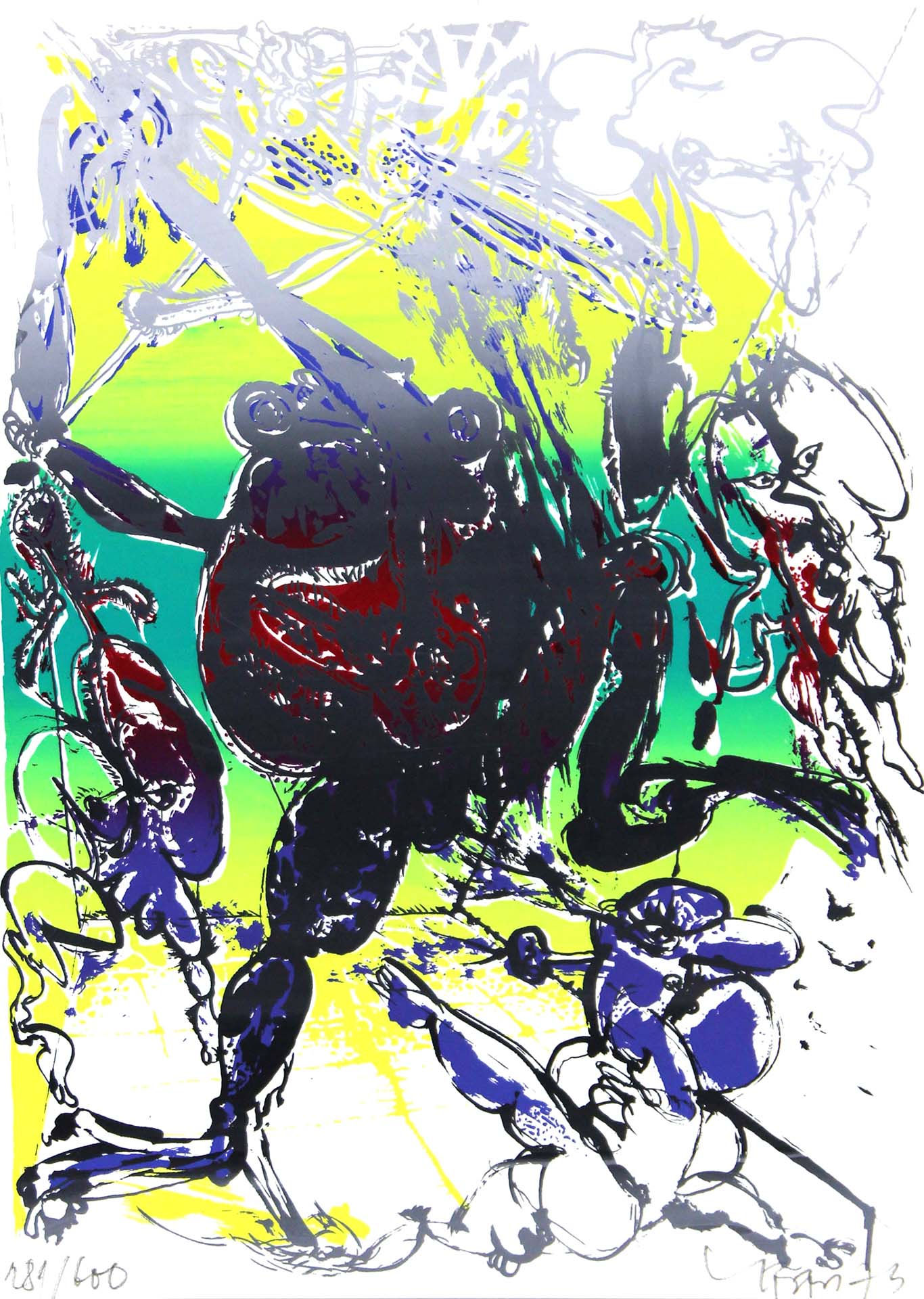 Frosch springt davon, rechts unten läuft Person davon