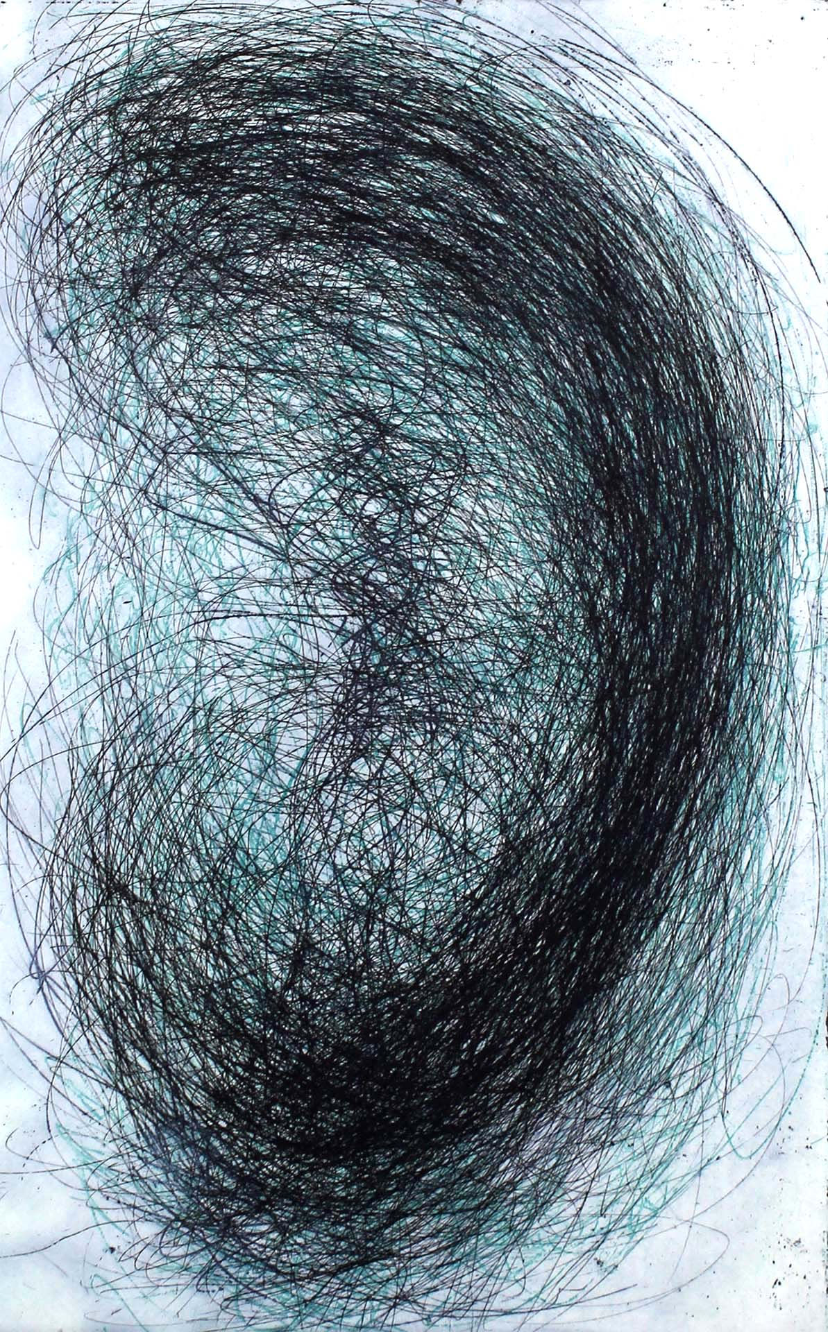 dynamisches abstraktes Bild mit schwarzen und blauen Strichen