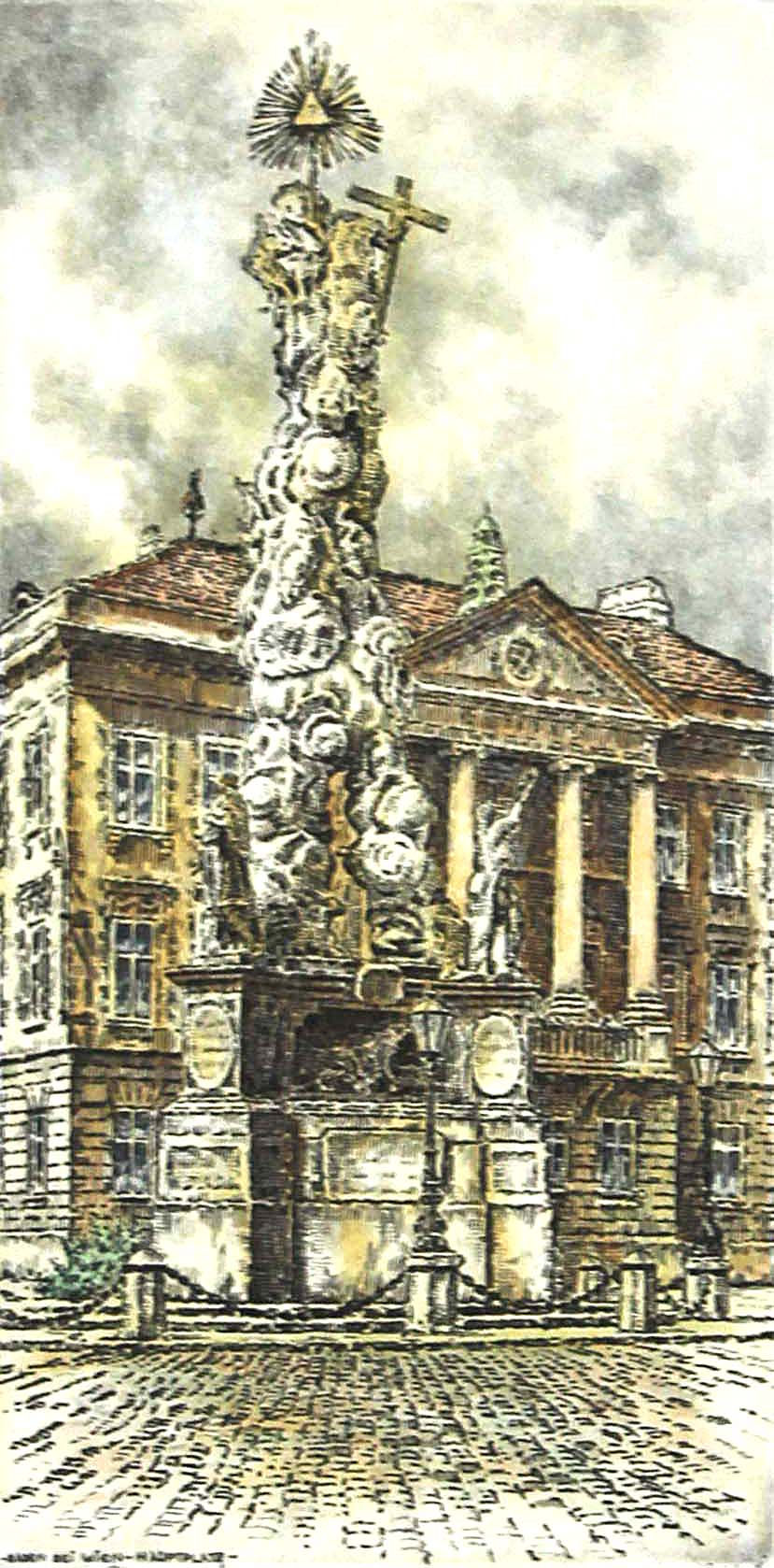 Geschwungene Säule vor alten Haus