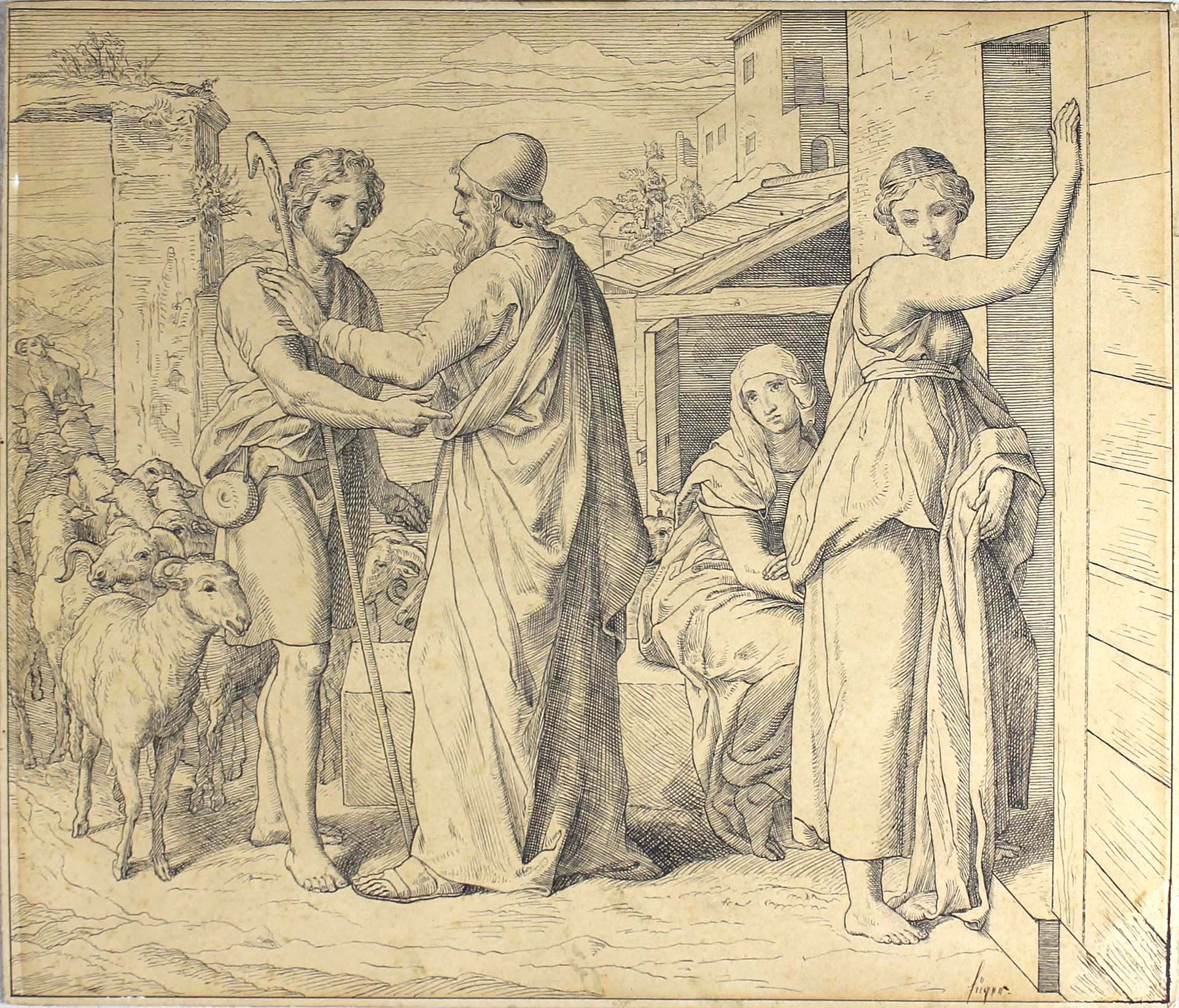 Junger Mann spricht mit altem Mann, im Hintergrund junge und alte Frauen