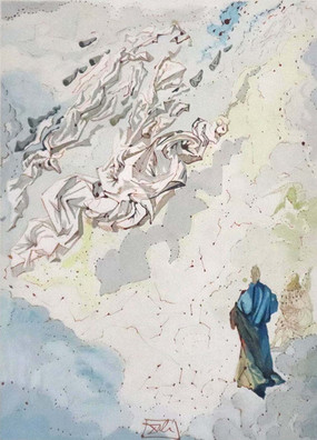 Mann in wallenden Gewändern steht auf einer Wolke und beobachtet Sterne, (c) Galerie Böck