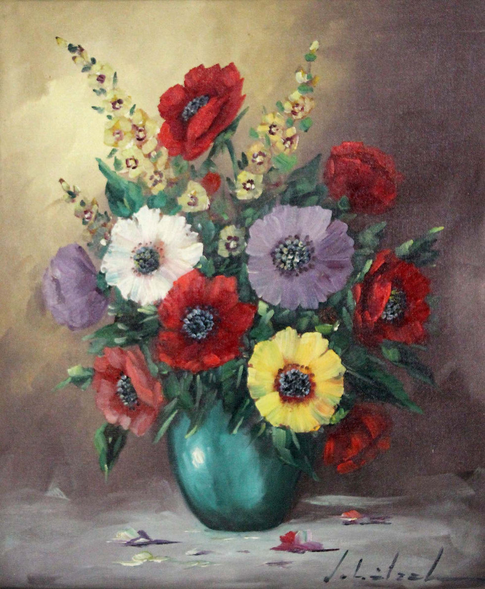 Bunter Blumenstrauß in grüner Vase, Schätzelmann, "Blumenstrauß in grüner Vase", Galerie Boeck.