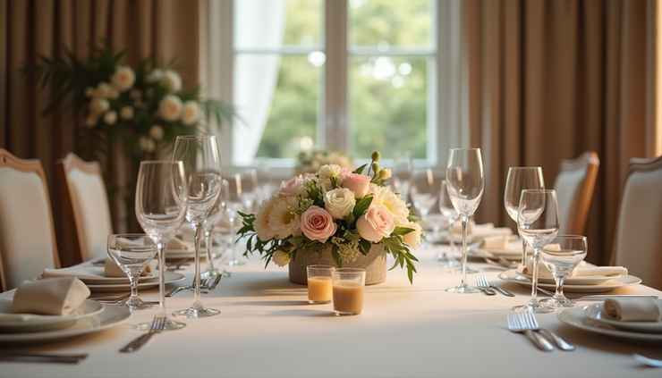 Eye-level view of a beautifully decorated wedding reception table with floral centerpiece