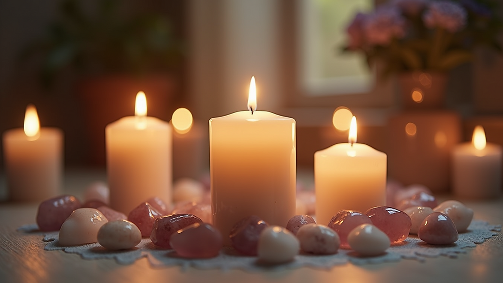 Eye-level view of a serene meditation space with candles and crystals