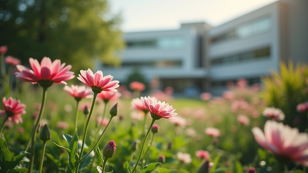 Eye-level view of a serene hospital garden with blooming flowers