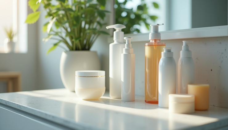 Close-up view of skincare products arranged neatly on a bathroom counter