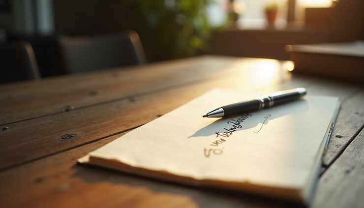 Eye-level view of a handwritten letter and pen on a wooden table