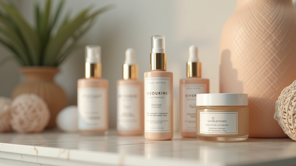 Close-up view of skincare products arranged on a vanity table