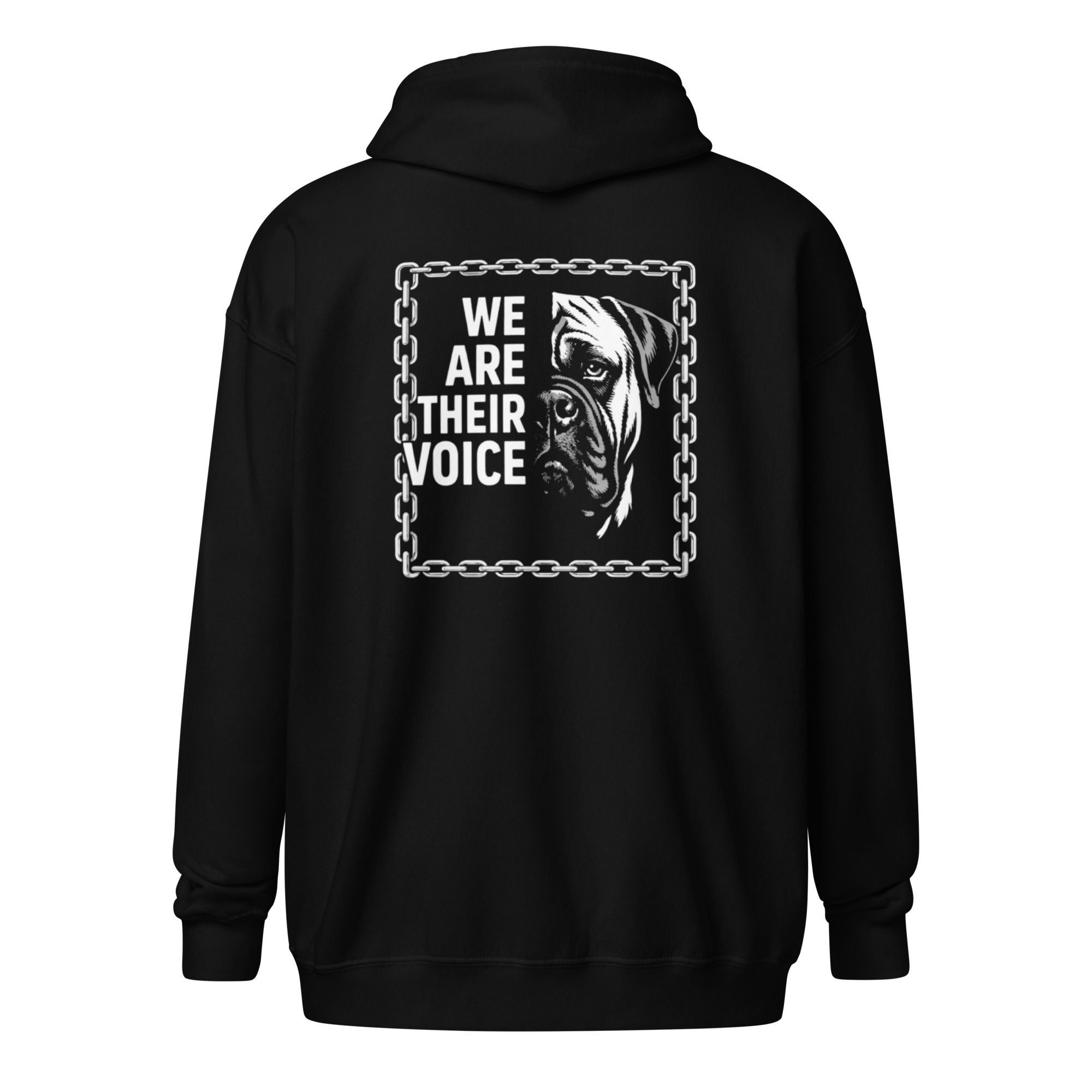 Black hoodie with 'WE ARE THEIR VOICE' and dog in chain