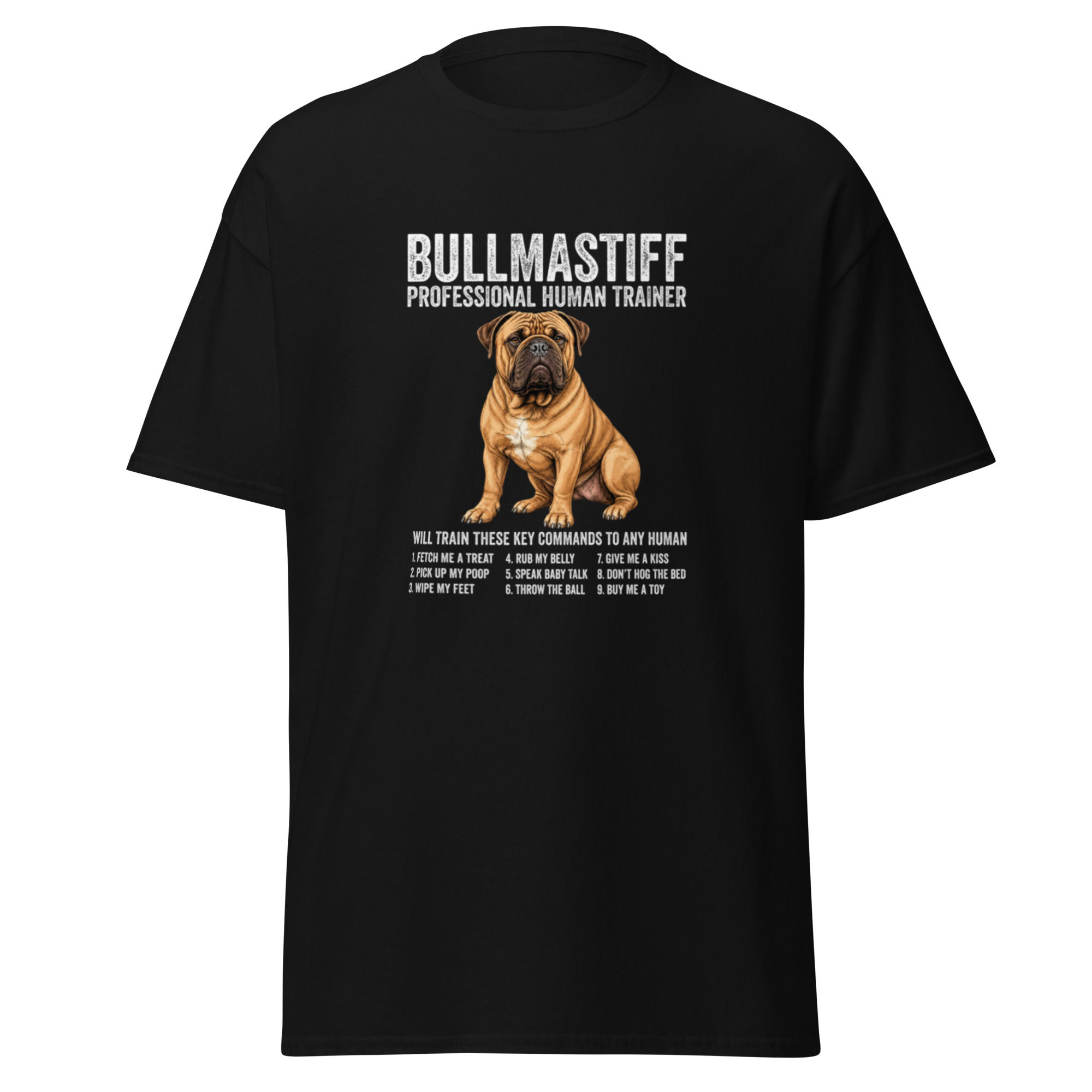 Black t-shirt with Bullmastiff dog and "Professional Human Trainer" text.
