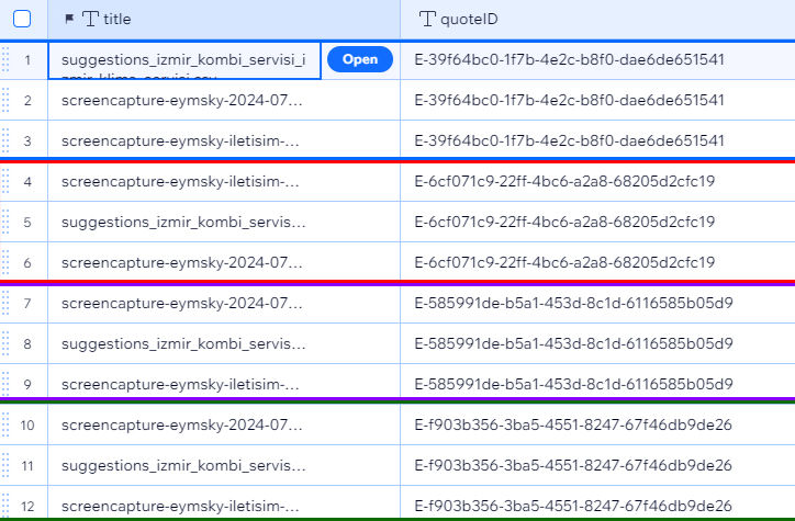 Wix CMS example showing two fields named title and quoteId