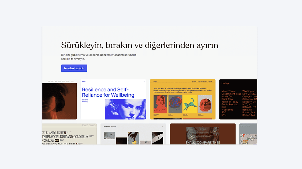 WordPress web sitesi ekran görüntüsü; Sürükleyin, bırakın ve diğerlerinden ayırın başlığıyla farklı tema tasarımları. Temaları keşfedin butonu da mevcut.