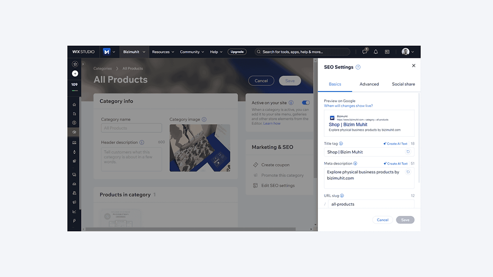 Wix platformunda mağaza için SEO ayarlarını gösteren web paneli. Kategori bilgisi ve Google'da önizleme içerir. Koyu arayüz. Bizimuhit.