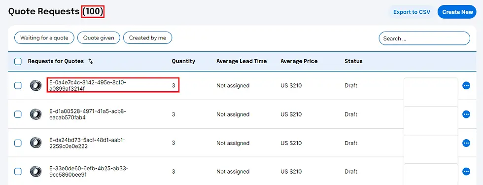 An example website page that shows a list of quote requests from Wix CMS