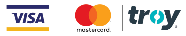 Visa, Mastercard, and Troy logos are displayed horizontally. The Visa logo is blue and yellow, Mastercard has red and orange circles.