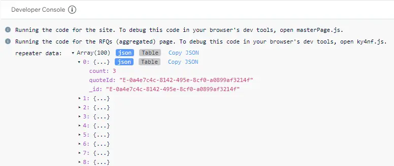 Wix Velo developer console output screen to test Wix Velo code.