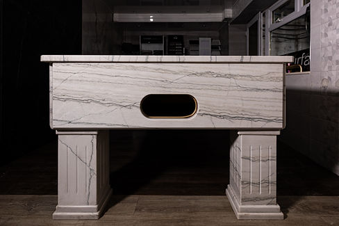 bespoke stone project, a pool table made from quartzite, on display at R.O surfaces