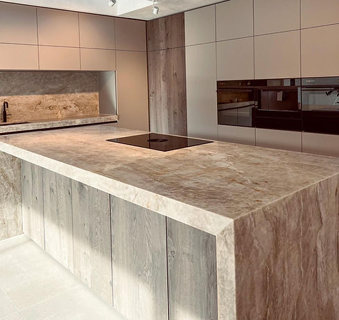 Taj Mahal quartzite designed supplied and fitted by R.O Surfaces on this bespoke kitchen
