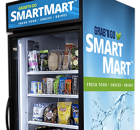 Angled smartmart vending machine that has built in AI cameras allowing real time transactions for seamless shopping